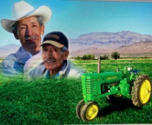 Tribute graphic featuring Jose Covarrubias, farmland, mountains, and a green tractor