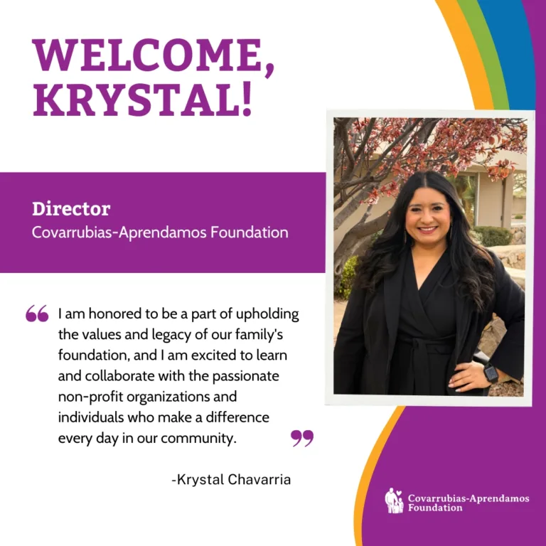 Welcome graphic introducing Krystal Chavarria, director of the Covarrubias-Aprendamos Foundation, with portrait and quote.